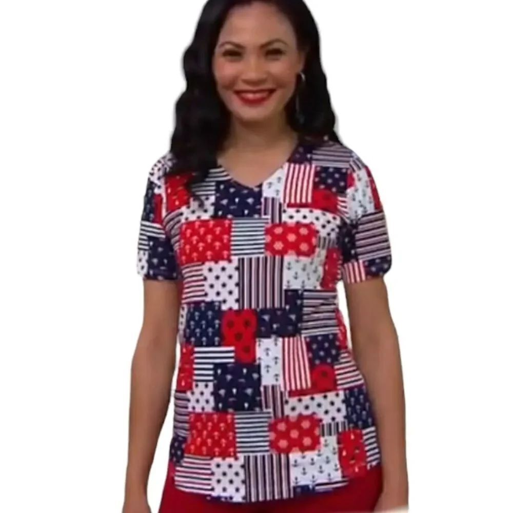 Denim & Co. Printed Americana Perfect Jersey V-Neck Top